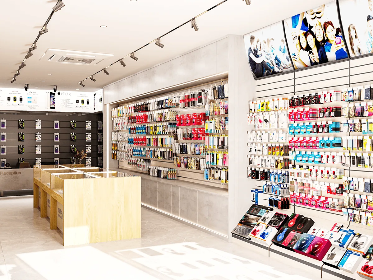 Mobile Shop Design, Displays Decorations – Vitality Blue Mobile Phone Store accessories retail cell phone counter glass showc