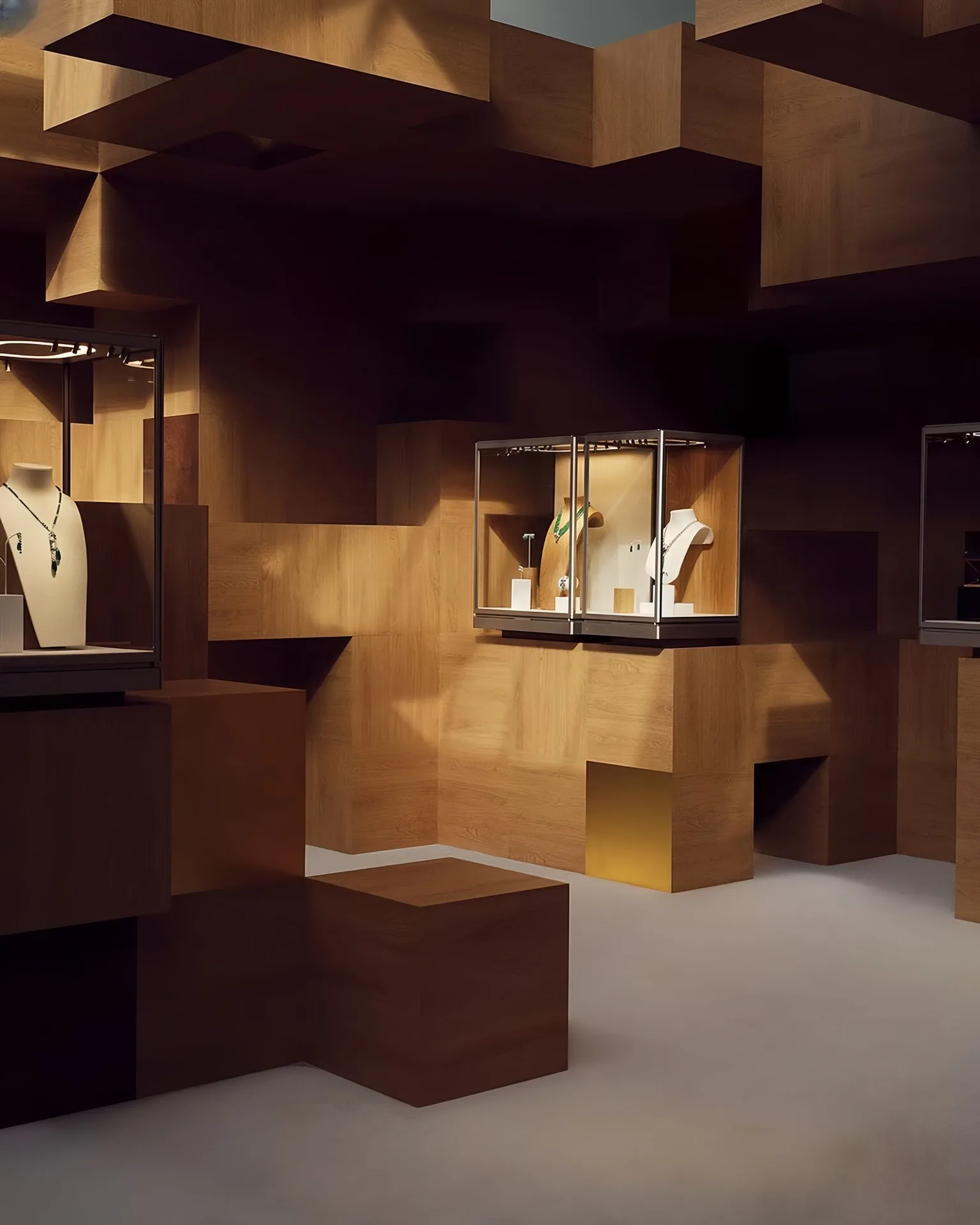 Modern Luxury Jewellery Boutique Fit‑out | Geometric Wood Block Wall & Lockable Glass Display Case — view 2