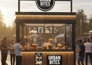 Outdoor Kiosk Booth For Sale | Custom Design – Cream‑Colored Outdoor Food Kiosk With Branding Display & Service Window image 
