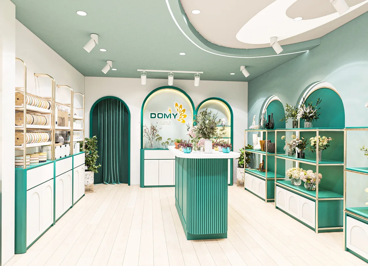 Flower Shop Design, Rack Displays Store Fixtures – Gold Frame Tiered Flower Display Cabinet image 5