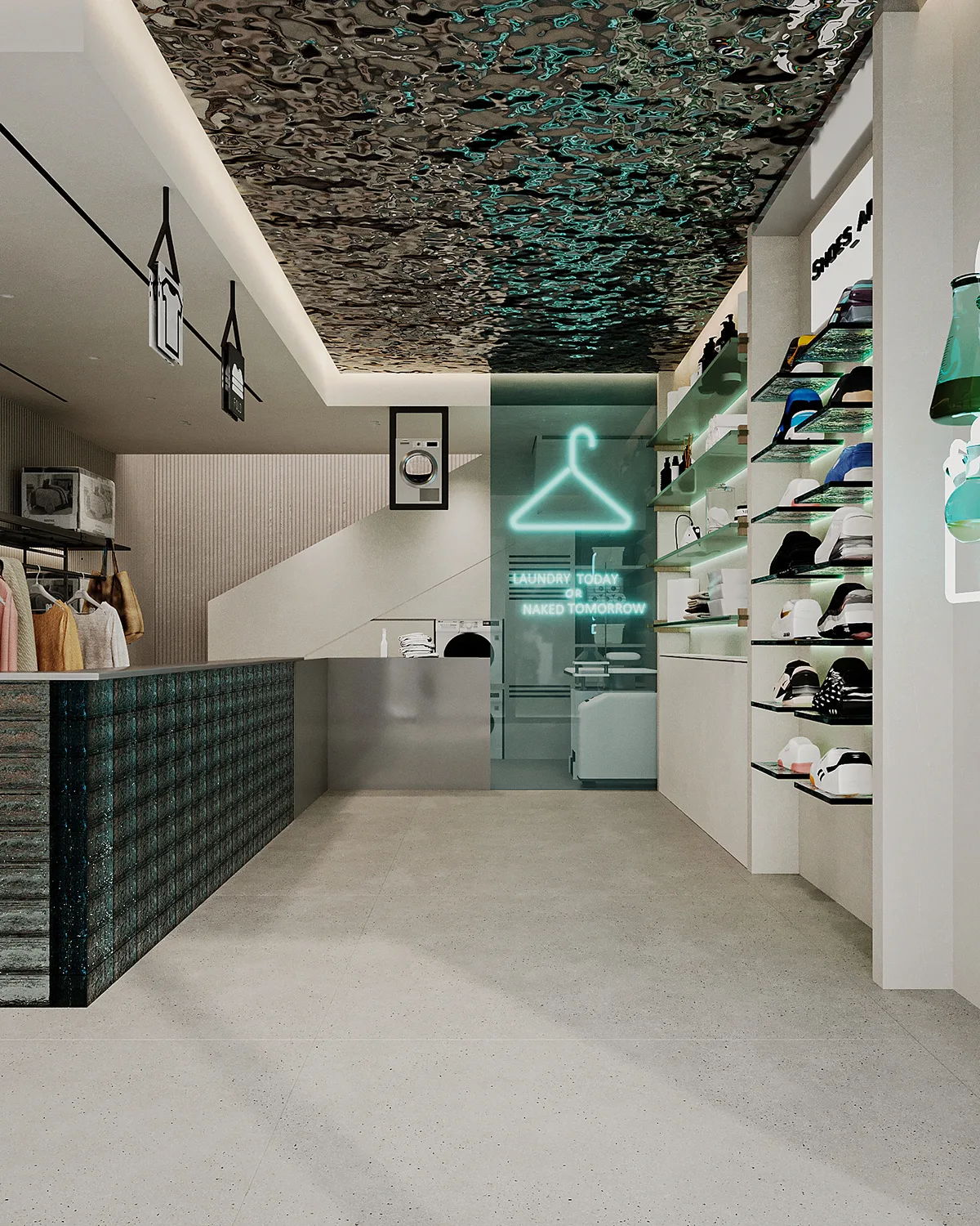 Laundry Shop Design, Display Fixtures Furniture – Gold Wave Decoration Laundry Shop Wooden Wall Cabinet Laundry Store image 6