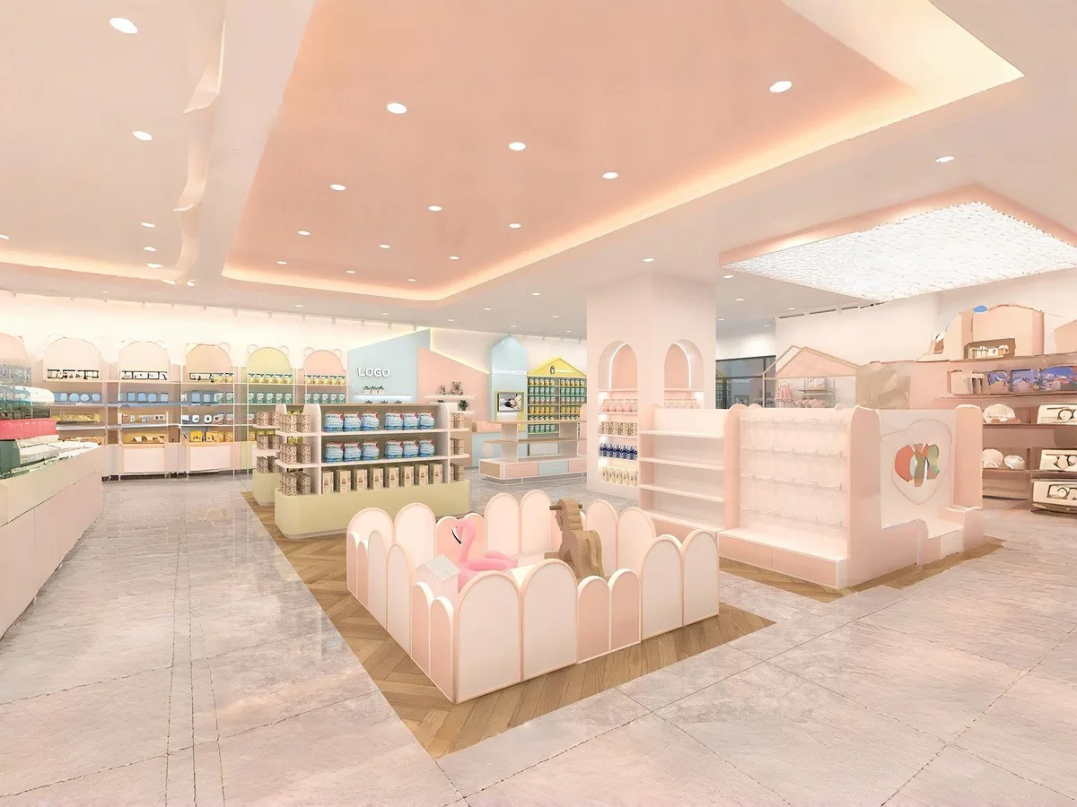 Baby Shop Design, Displays Fittings – Light Pink and Blue Themes Baby Shop Design Charming Display Wall Cabinets and Risers i