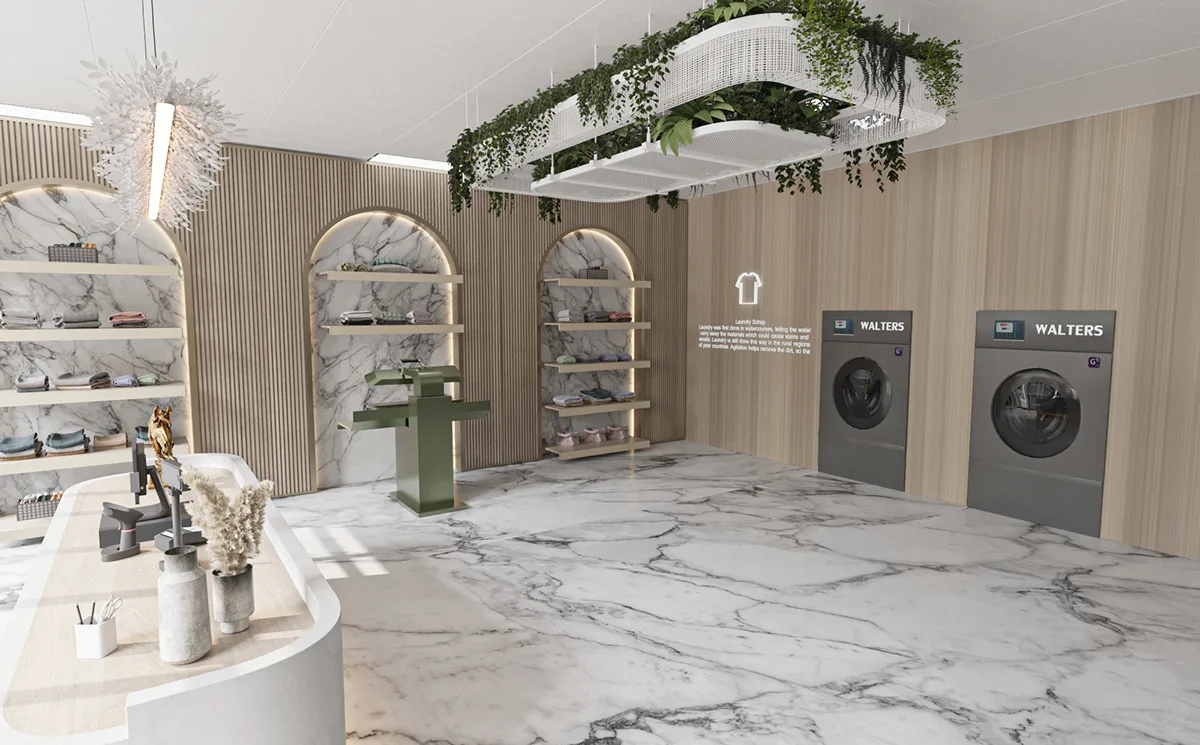 Laundry Shop Design, Display Fixtures Furniture – Gold Wave Decoration Laundry Shop Wooden Wall Cabinet Laundry Store image 9
