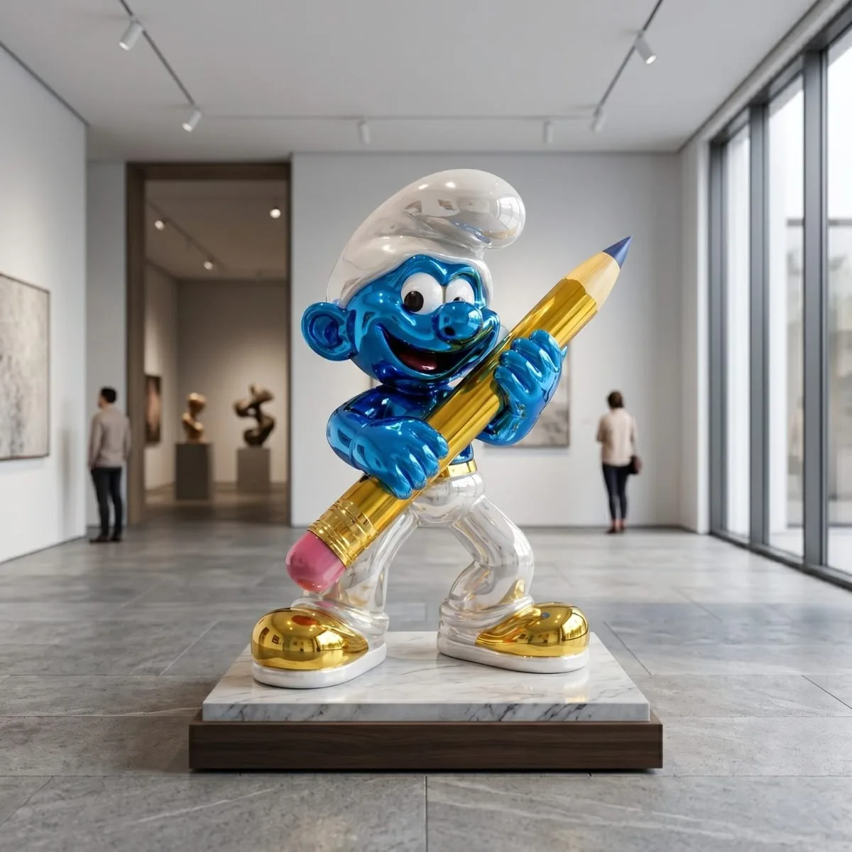 Blue Matte & Chrome Fiberglass Smurf Statue — Modern Mixed-Finish Art Sculpture for Luxury Retail & Gallery Display