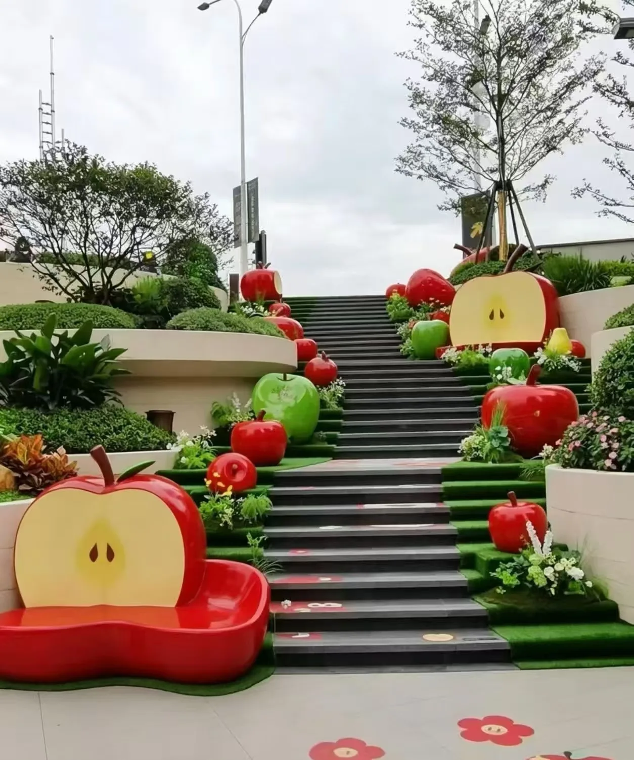 Apple-Themed Fiberglass Sculptures Installation for Outdoor Commercial Landscapes