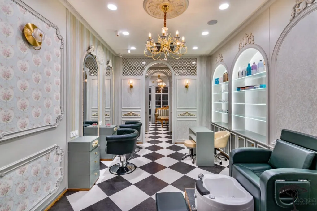 Beauty Salon Design | Spa Furniture Salon Retail Displays – Beauty Salon Interior Design with Cream Pink Curved Layout, Terra