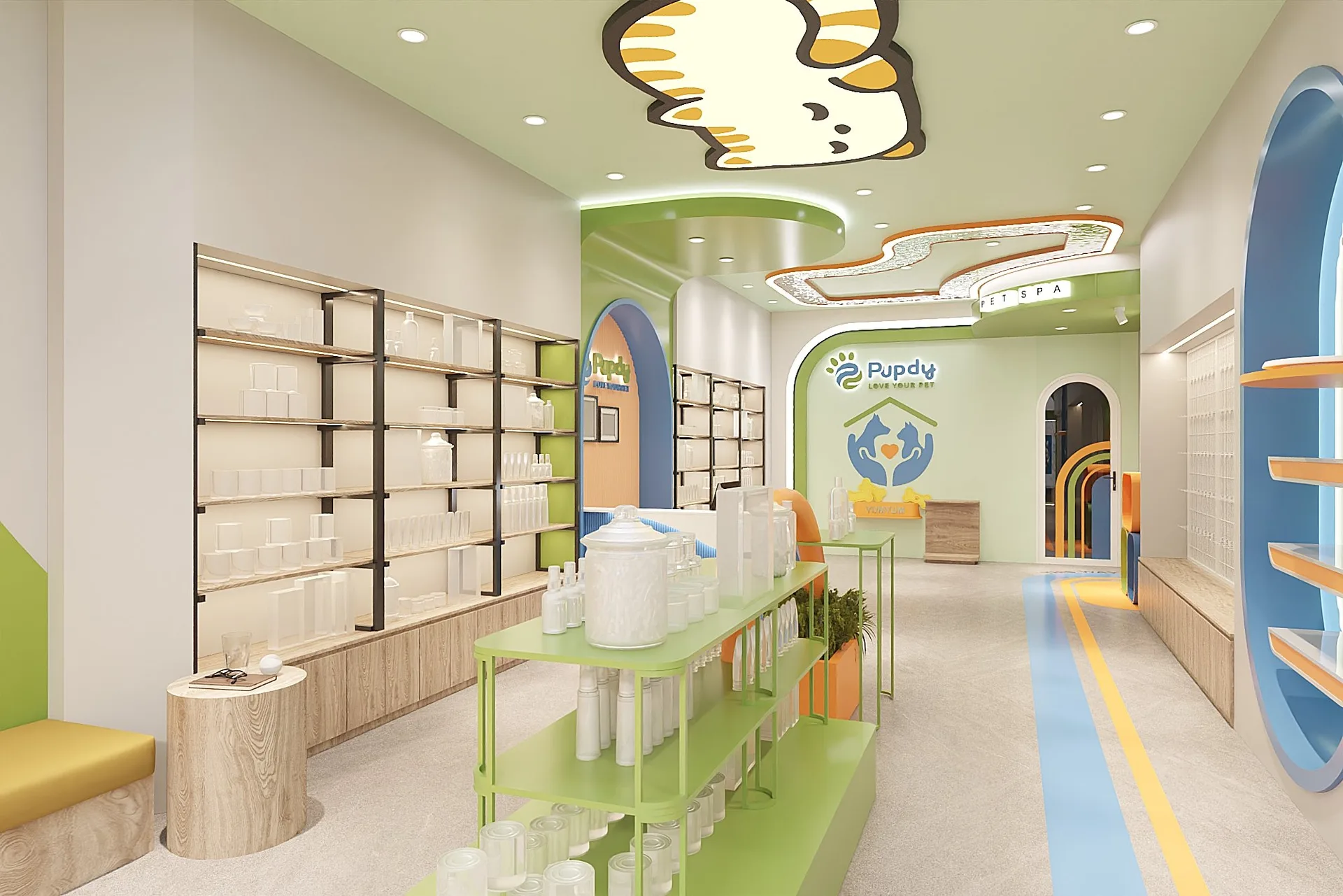Pet Shop Design, Displays Shelving Fixtures – Warm pet shop design with unique display toy for pet round tree display showcas