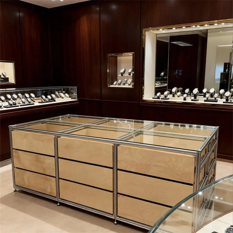 Wooden Watch Display Cabinet | Stainless Steel Frame Tempered Glass Watch Display Cabinet | Island with Drawers for Luxury Watch Stores
