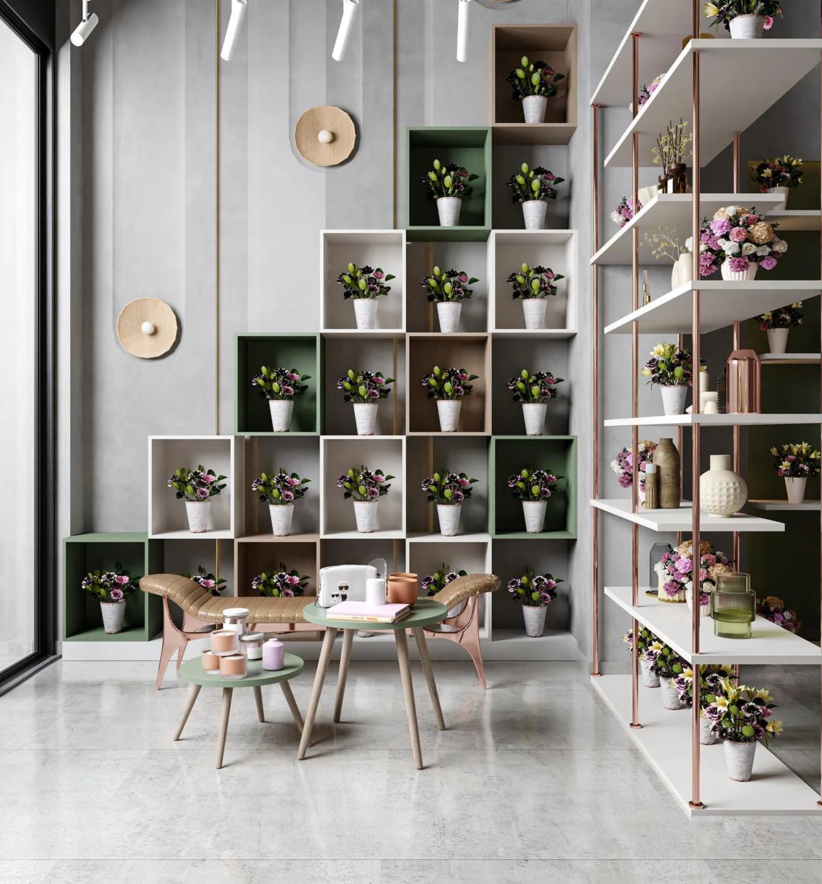 Flower Shop Design, Rack Displays Store Fixtures – Gold Frame Tiered Flower Display Cabinet image 6