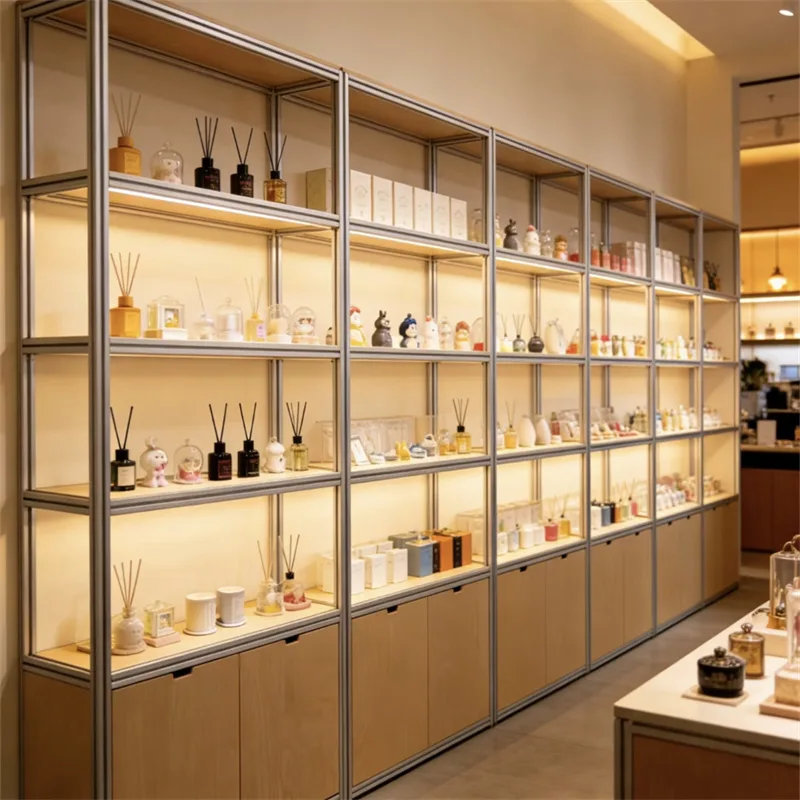 Fragrance Wall Cabinet | Minimalist MDF Veneer Display with Stainless Steel Frame & LED | Wall-Mounted Storage Shelf for Aromatherapy Gift S
