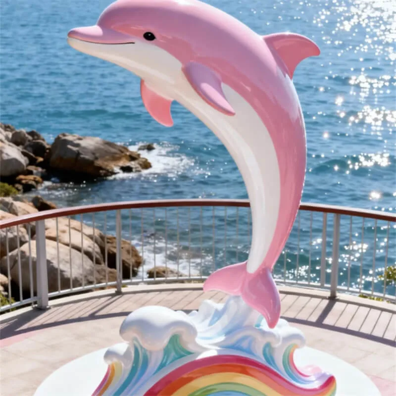Pink Dolphin Fiberglass Sculpture | Coastal Park Cute Dolphin Statue | Outdoor Rainbow Wave Dolphin Decor