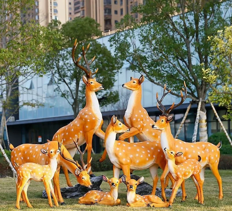 Realistic Sika Deer Family Fiberglass Sculpture Set for Garden & Public Decor
