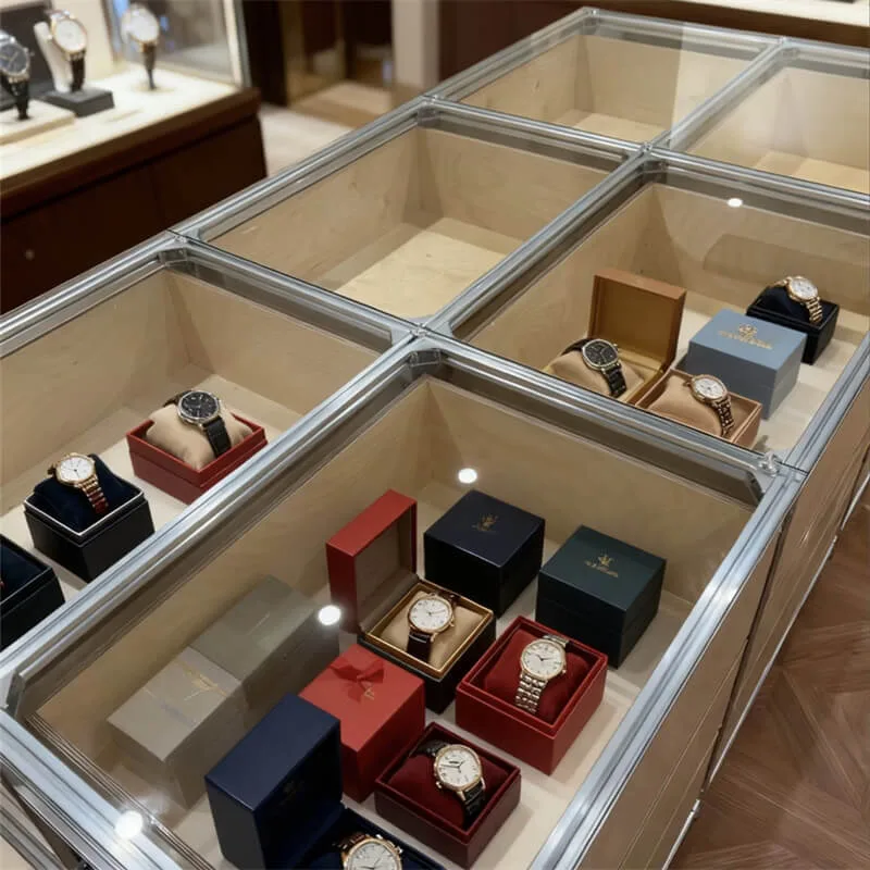 Wooden Watch Display Cabinet | Stainless Steel Frame Tempered Glass Watch Display Cabinet | Island with Drawers for Luxury Watch Stores — view 2