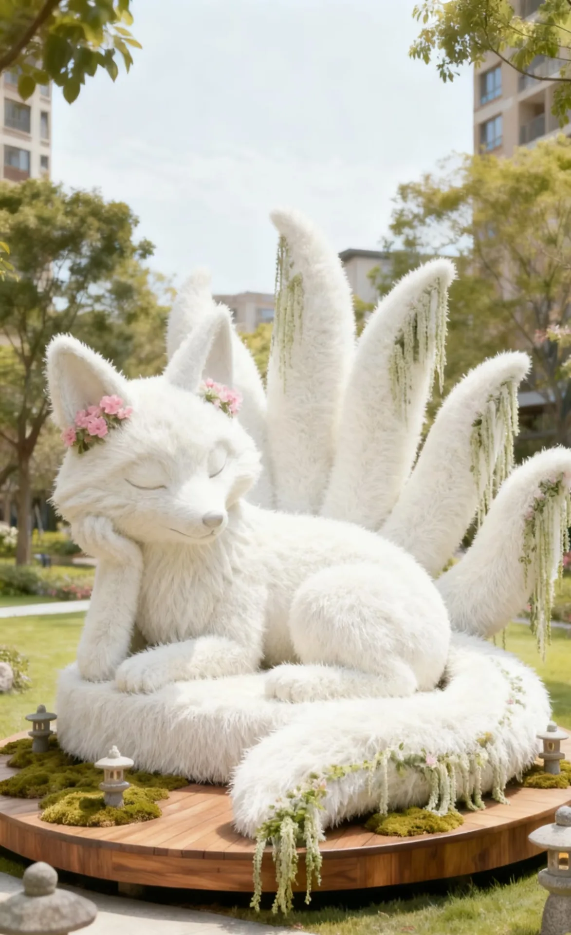 Nine-Tailed Fox Fiberglass Statue Set For Garden & Lake Park Outdoor Decor