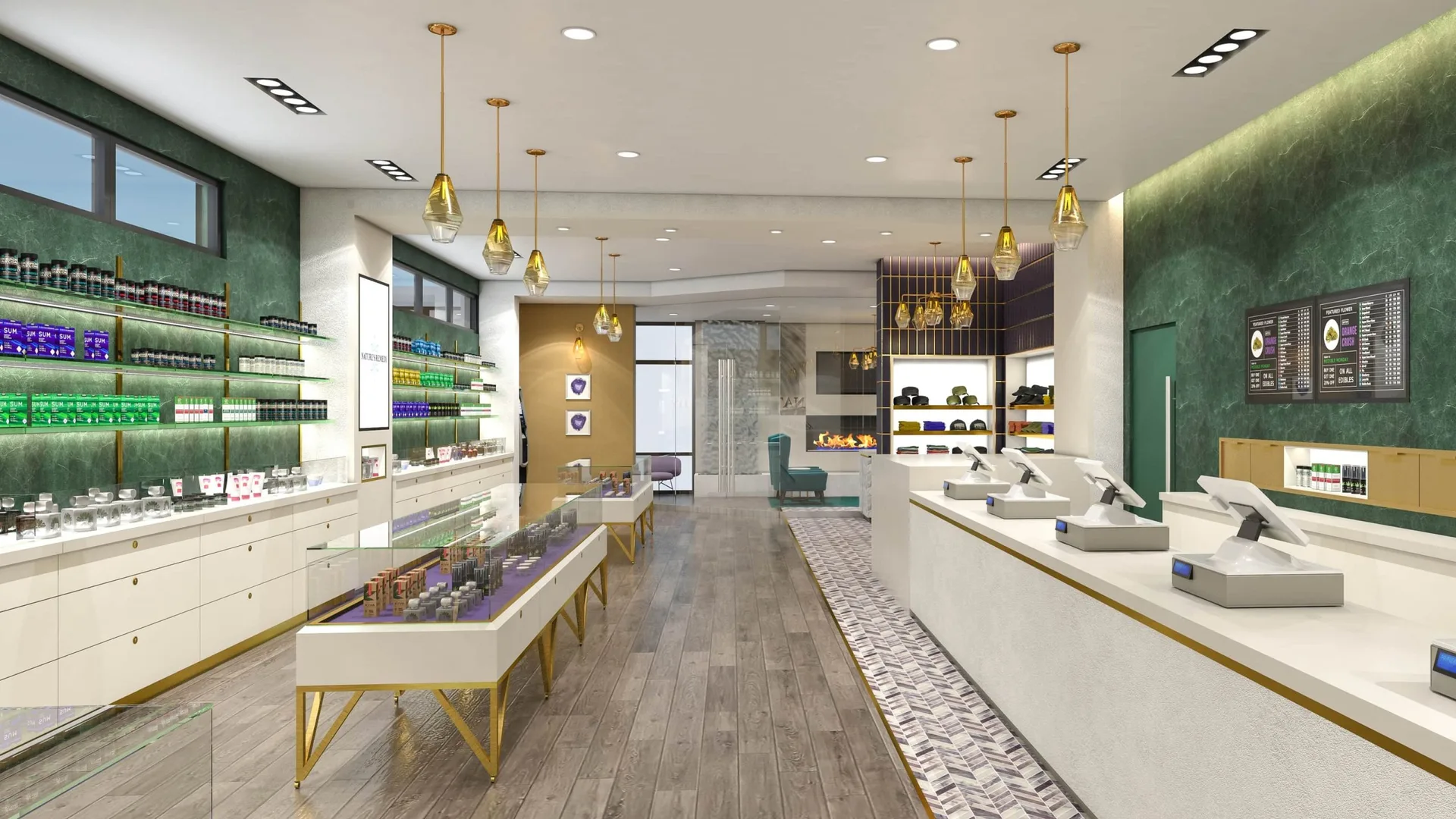 Cannabis Dispensary Design, Layout Store Planning – Irregularly Shaped Display Cannabis Dispensary Showcase Cannabis Store De