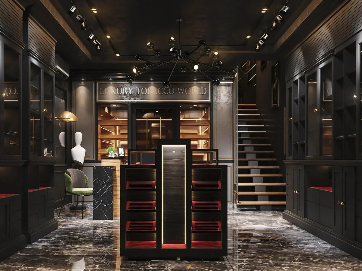 Cigar Lounge Design, Displays Bar Furniture For Sale – Tobacco Shop Classic Design Wooden Cigar Showcase Dark Style for Cigar