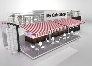 Outdoor Kiosk Booth For Sale | Custom Design – Cream‑Colored Outdoor Food Kiosk With Branding Display & Service Window image 
