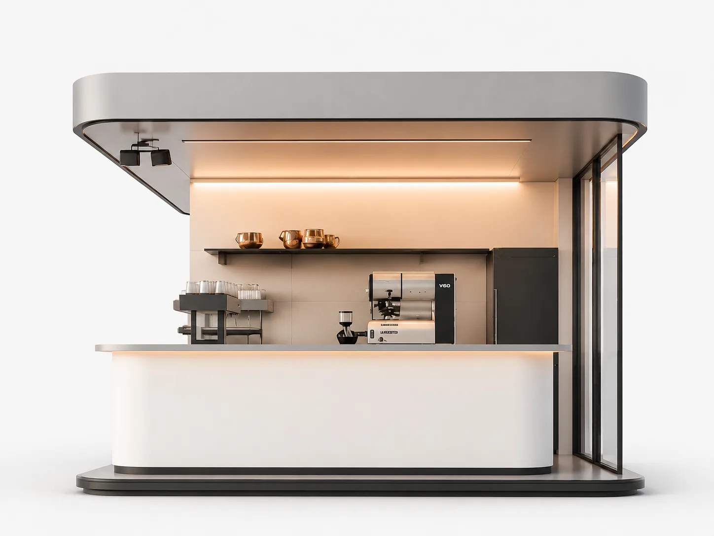 Modern Prefab Coffee Kiosk — Sleek Grey Cube with Warm-Lit Glass Front & Espresso Bar Setup