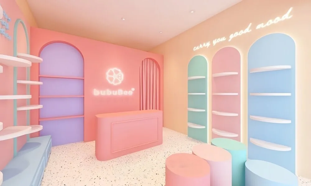Baby Shop Design, Displays Fittings – Light Pink and Blue Themes Baby Shop Design Charming Display Wall Cabinets and Risers i