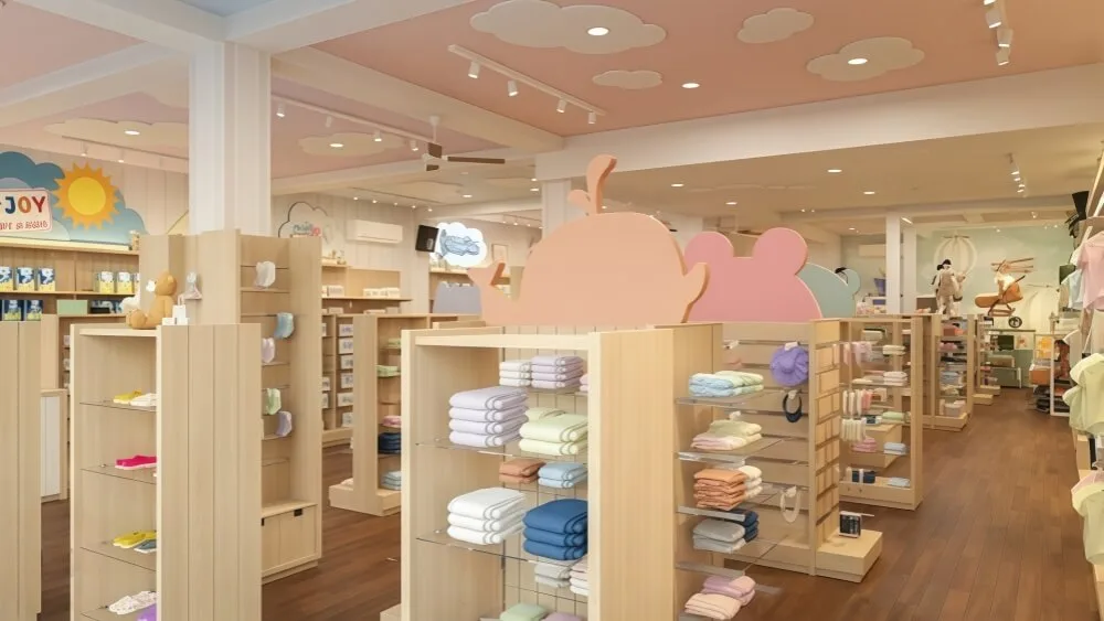 Baby Shop Design, Displays Fittings – Light Pink and Blue Themes Baby Shop Design Charming Display Wall Cabinets and Risers i