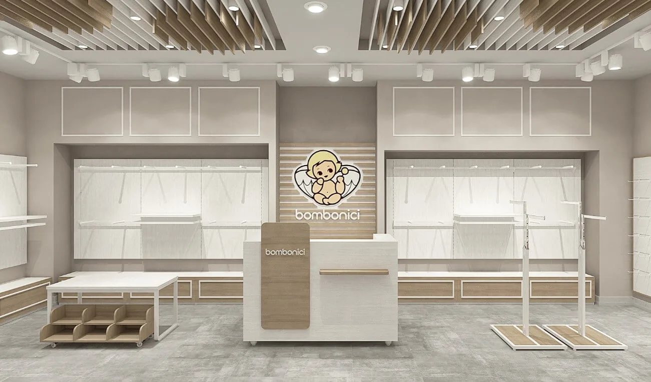 Baby Shop Design, Displays Fittings – Light Pink and Blue Themes Baby Shop Design Charming Display Wall Cabinets and Risers i