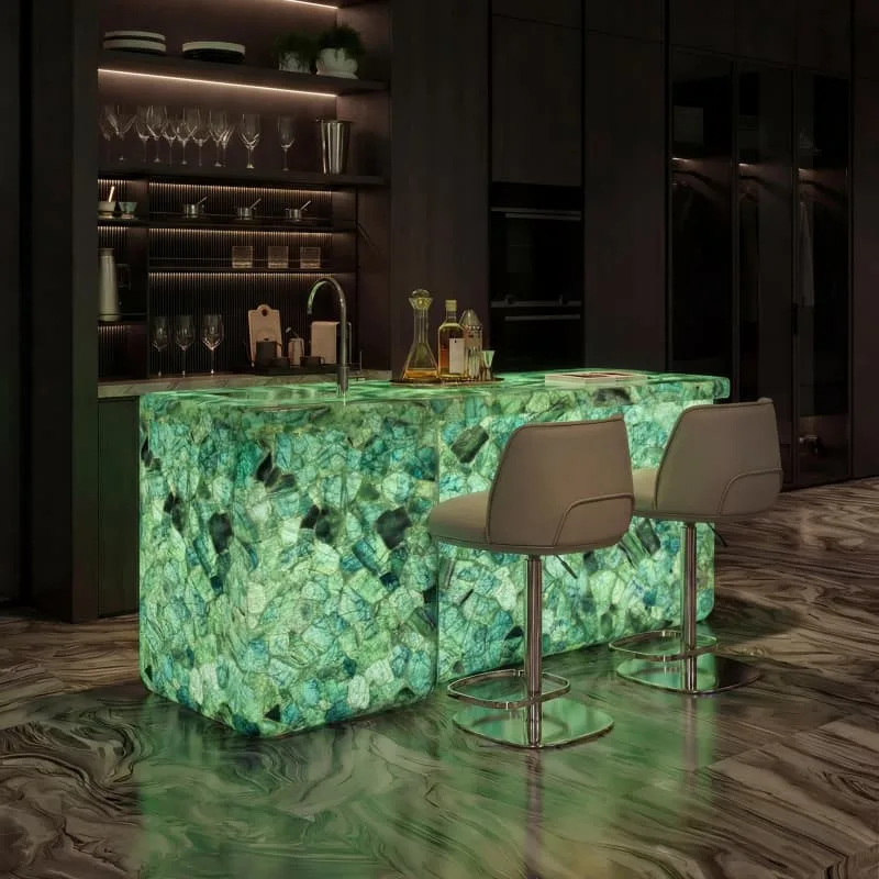 Onyx Counter | Backlit Bars Counters For Sale – Glowing golden onyx bar counter builds warm retro vibe for upscale cocktail l