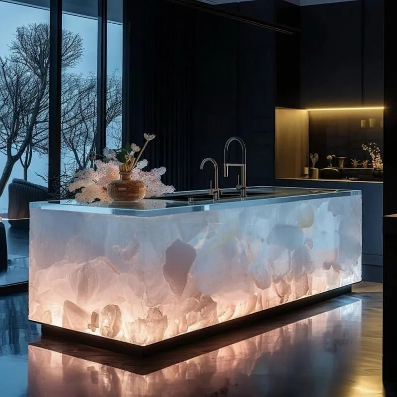 Onyx Counter | Backlit Bars Counters For Sale – Glowing golden onyx bar counter builds warm retro vibe for upscale cocktail l