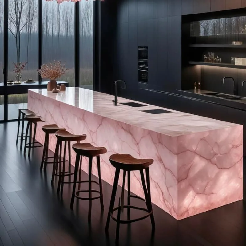 Onyx Counter | Backlit Bars Counters For Sale – Glowing golden onyx bar counter builds warm retro vibe for upscale cocktail l
