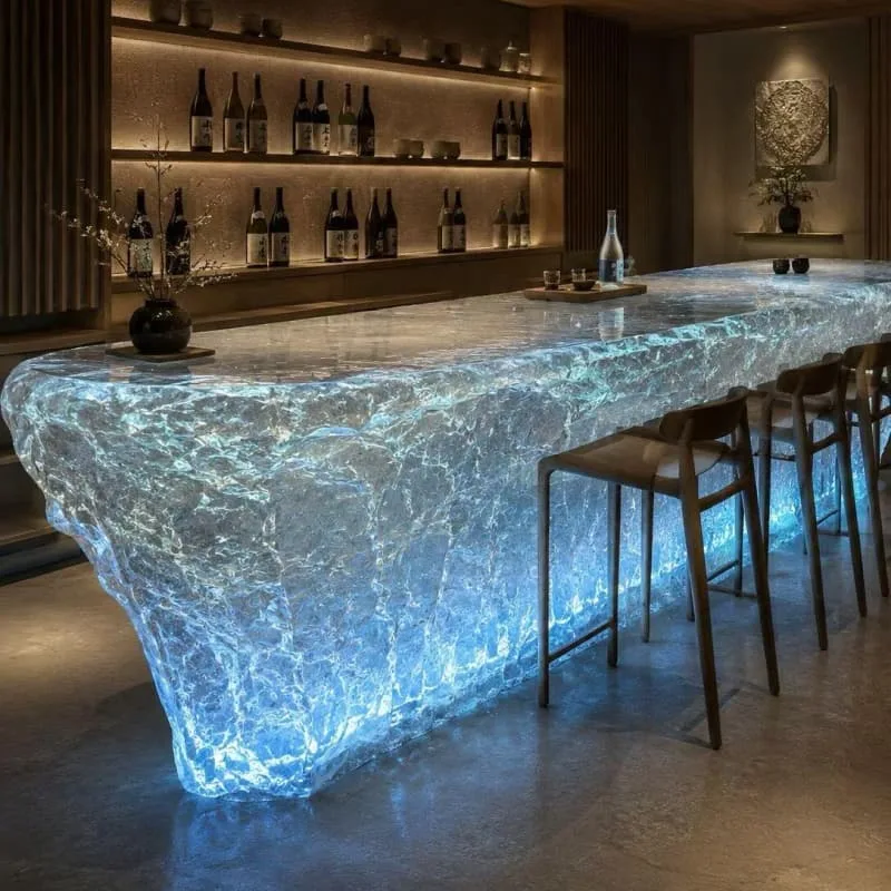 Onyx Counter | Backlit Bars Counters For Sale – Glowing golden onyx bar counter builds warm retro vibe for upscale cocktail l