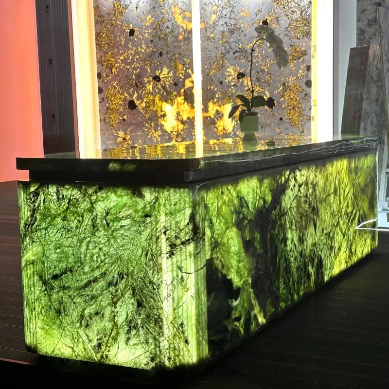 Onyx Counter | Backlit Bars Counters For Sale – Glowing golden onyx bar counter builds warm retro vibe for upscale cocktail l