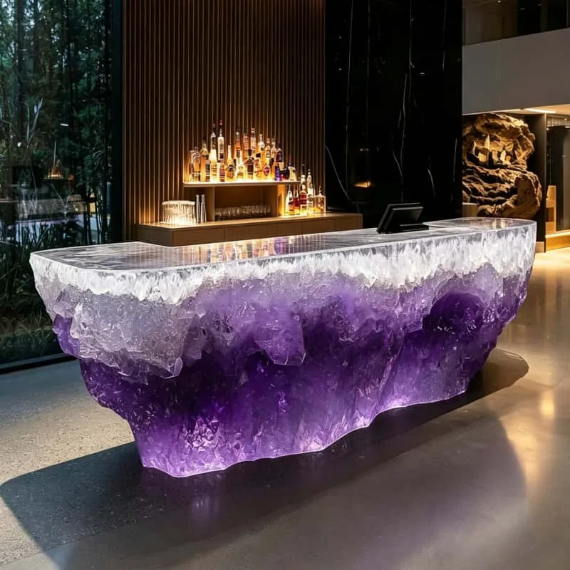 Onyx Counter | Backlit Bars Counters For Sale – Glowing golden onyx bar counter builds warm retro vibe for upscale cocktail l