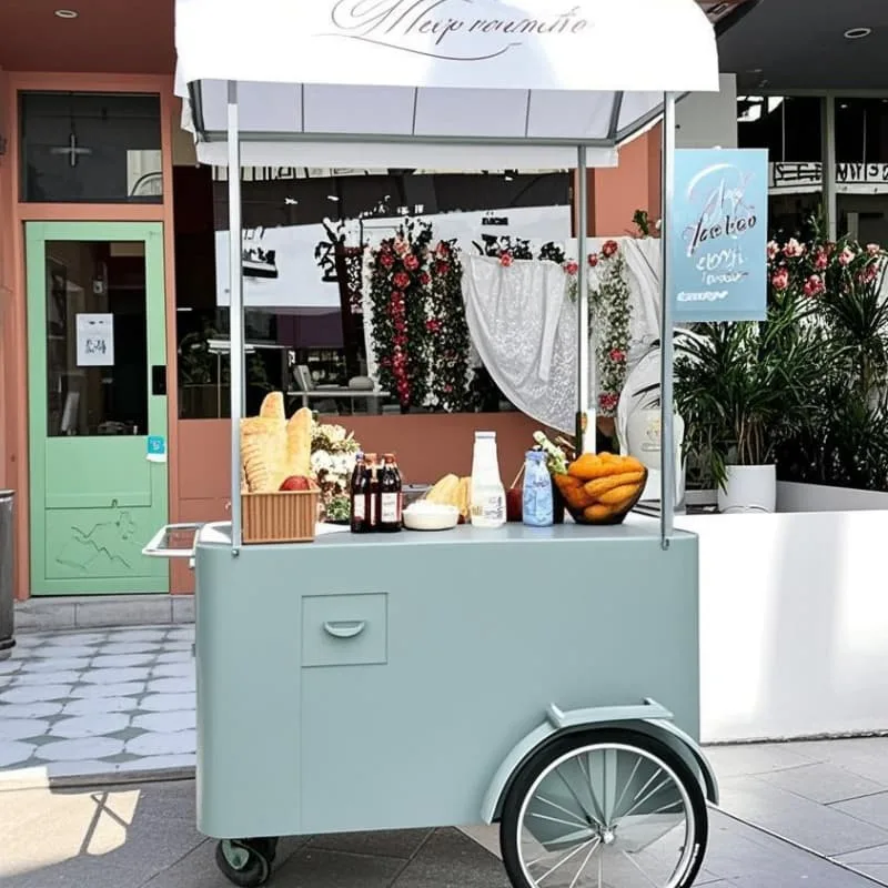 Stylish Mint Green Portable Pastry Cart With Awning For Street Bakery Vending