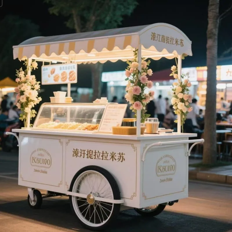 Romantic Floral Mobile Bakery Cart For Tiramisu Street Dessert Business