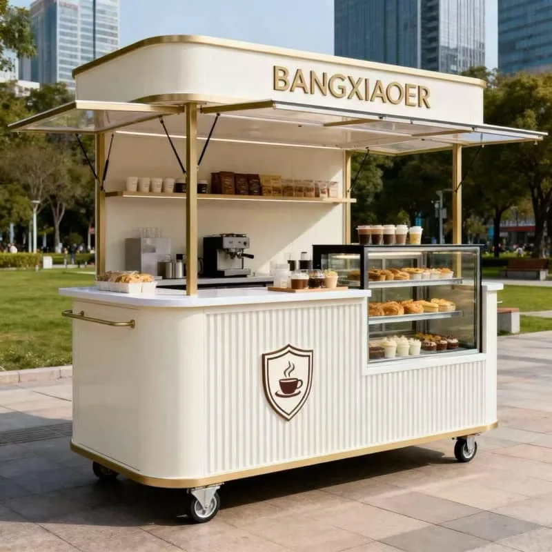 Light Luxury Mobile Bakery Cart with Golden Frame & Pastry Display Cabinet