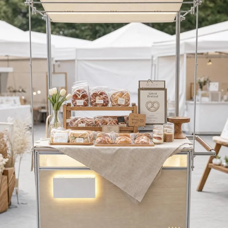Wooden Aluminum Mobile Bakery Cart With Warm LED Light Detachable Canopy Stall