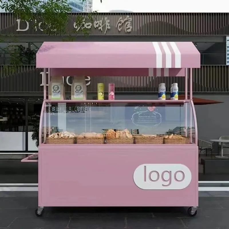 Multi Color Mobile Bakery Cart Curved Glass Pastry Display Street Food Kiosk For Sale