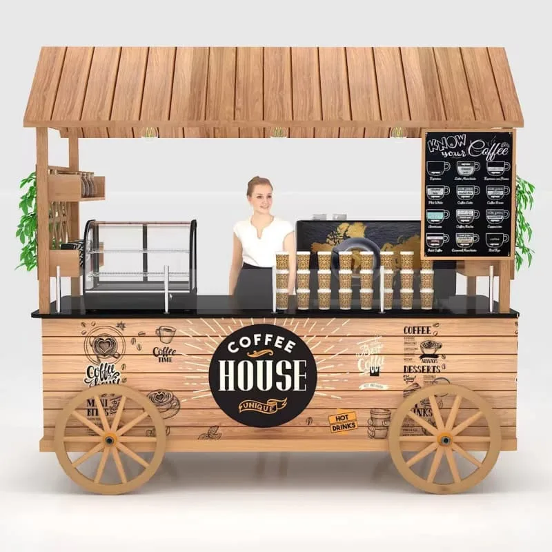 Rustic Wooden House Mobile Bakery Cart With Display Wheels Street Food Vending