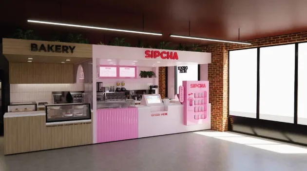 Wood grain bakery counter and pink roll ice cream counter mixed design