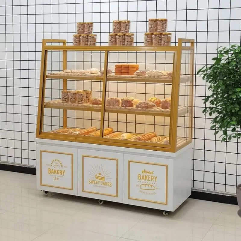 Sliding glass bread display cabinet pastry shop rack with storage cabinet and movable casters