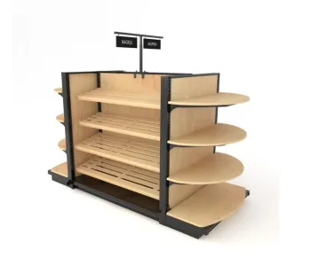 Wood-look bakery gondola with open shelves and rounded end display shelves