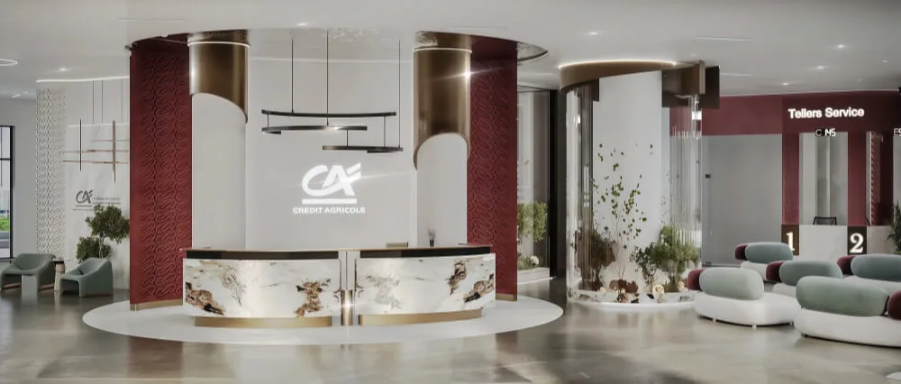 Red Luxury Style Bank Space Design with Marble Reception Desk and Soft Sofas
