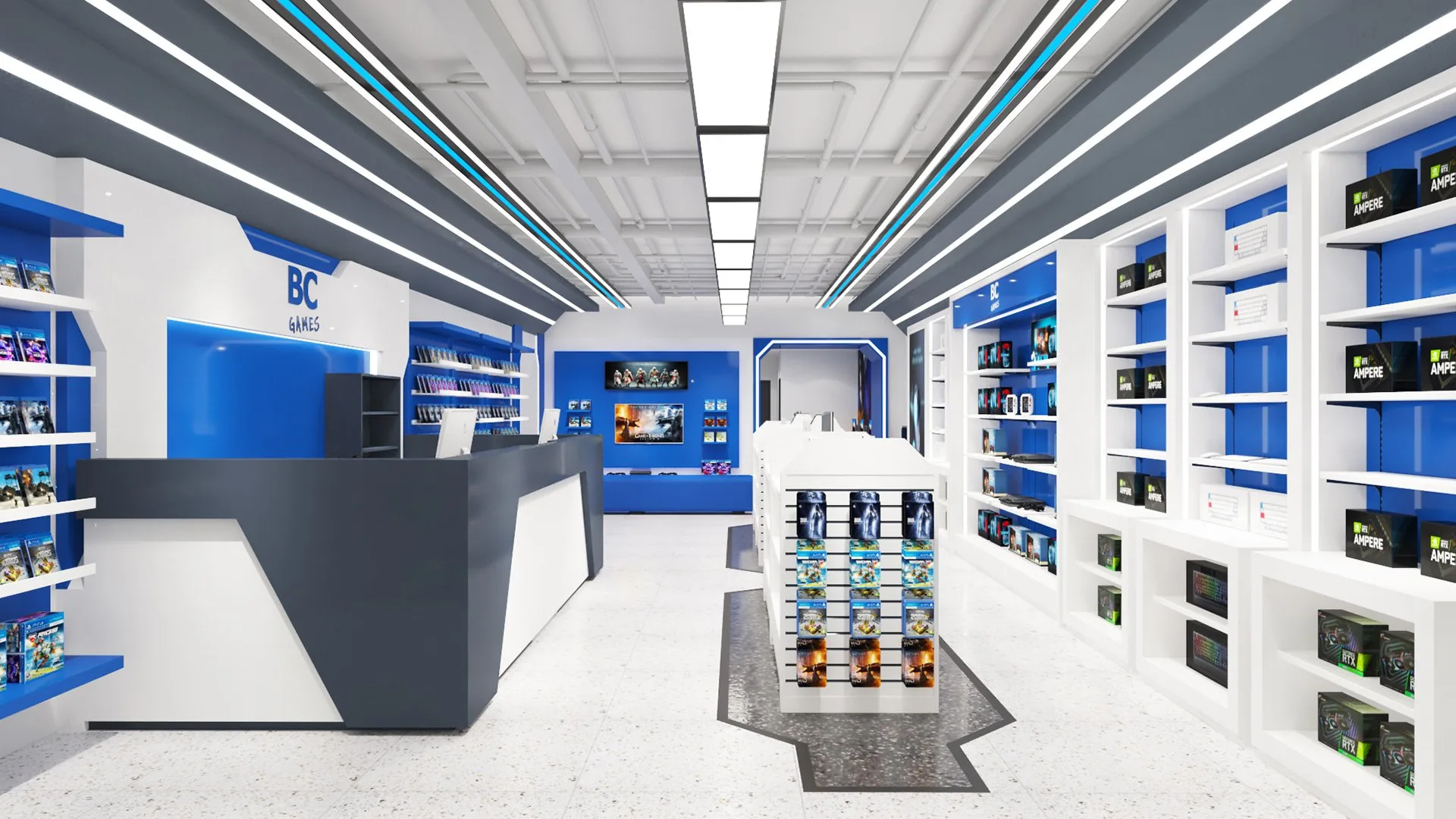 Game Store Design, Displays Retail Shelf Fixtures – Playstation Game Store Design, With Game accessories Display Stands, Rack