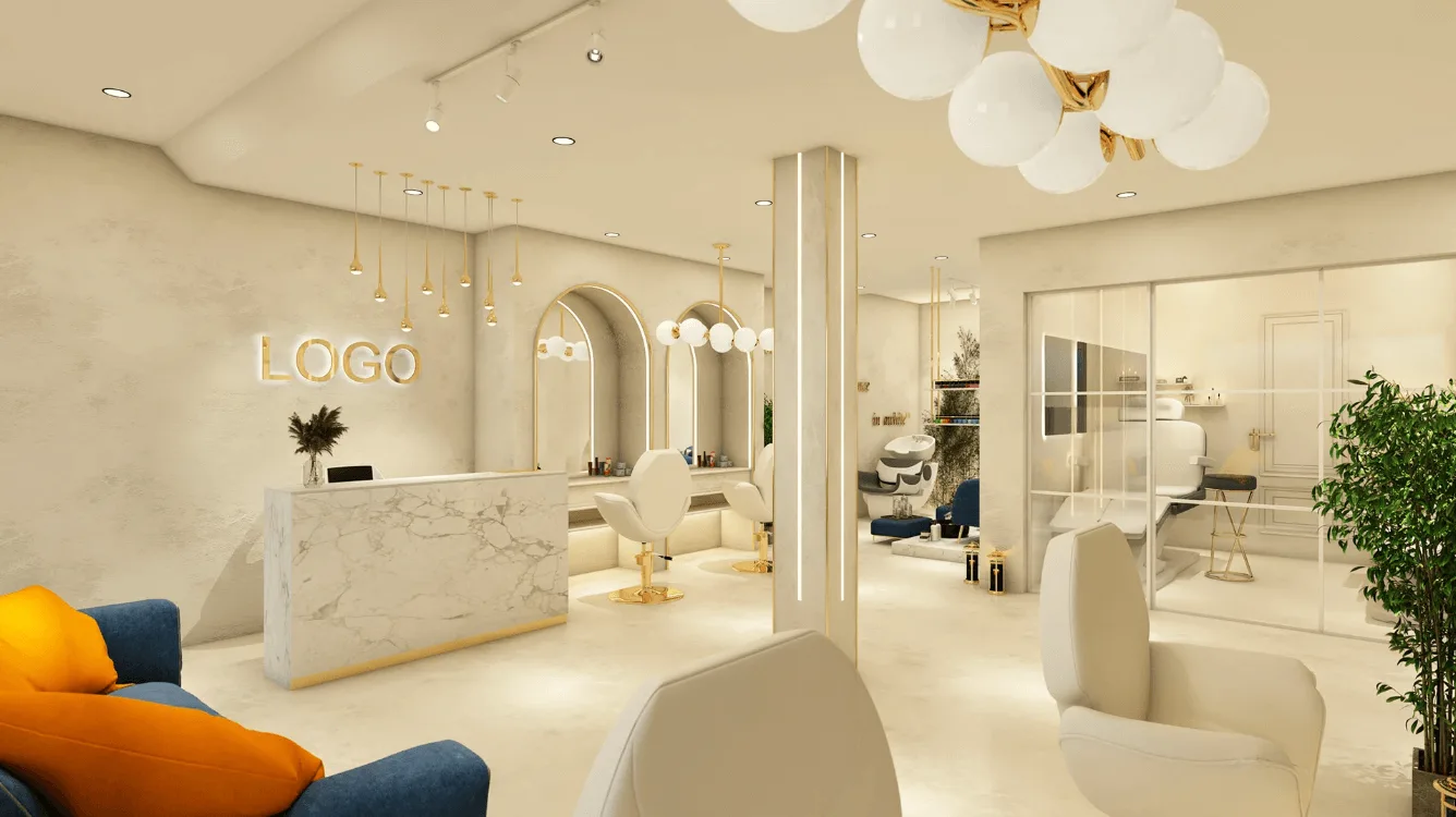 Beauty salon shop design warm mirror station with chairs modern reception desk Hairdressing and care counter