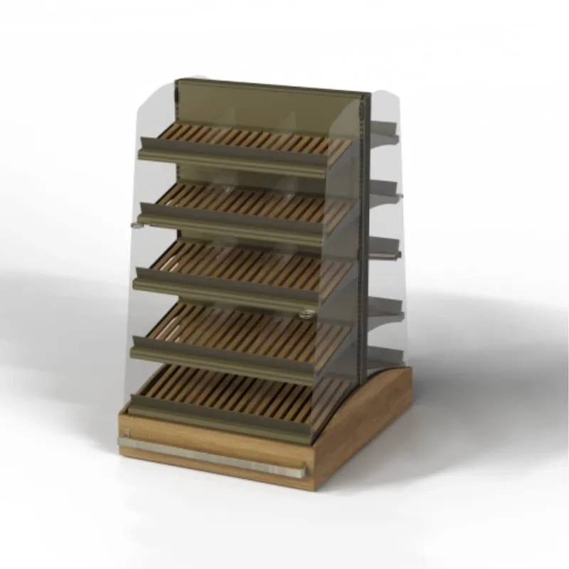 Double Sided Wooden Bakery Display Gondola Rack with Adjustable Wood Slat Pastry Shelves