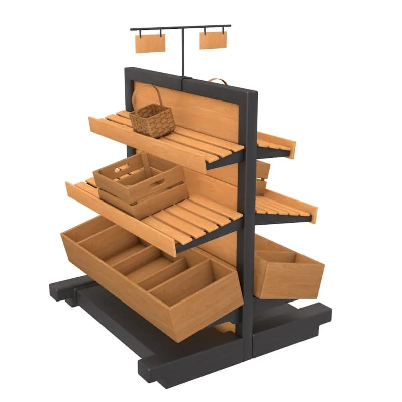 Adjustable Wooden Slat Freestanding Gondola Rack for Bread and Pastry Bakery Display
