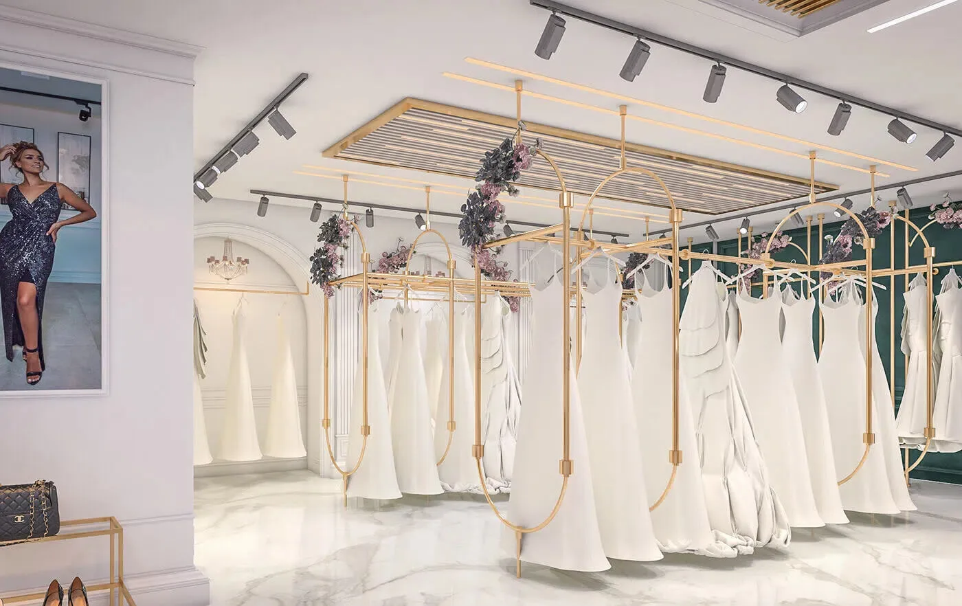 Bridal Shop Design, Displays Store Fixtures – Luxury Design Idea Bridal Shop Custom Display Rack for Wedding Dress image 1