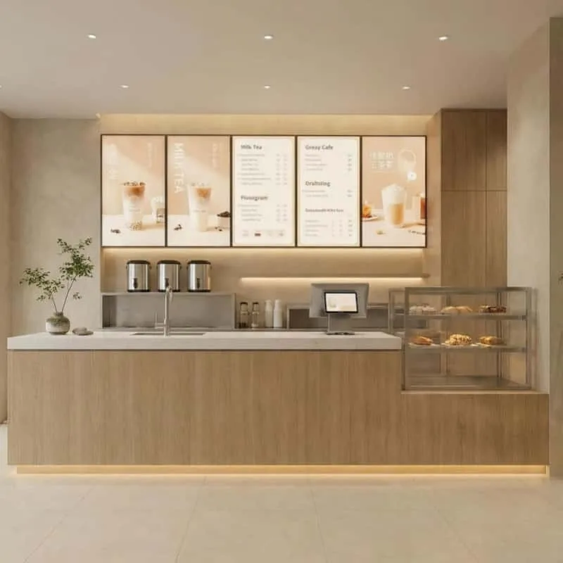 Warm Wood Curved Custom Boba Bar Counter for Cozy Bubble Tea Kiosk Shop