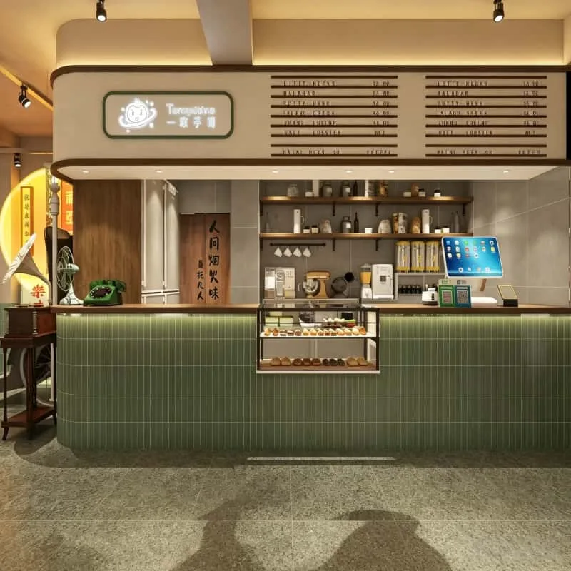 Custom Curved Commercial Bubble Tea Shop Bar Counter with Retro Tile Decor & Display Cabinet