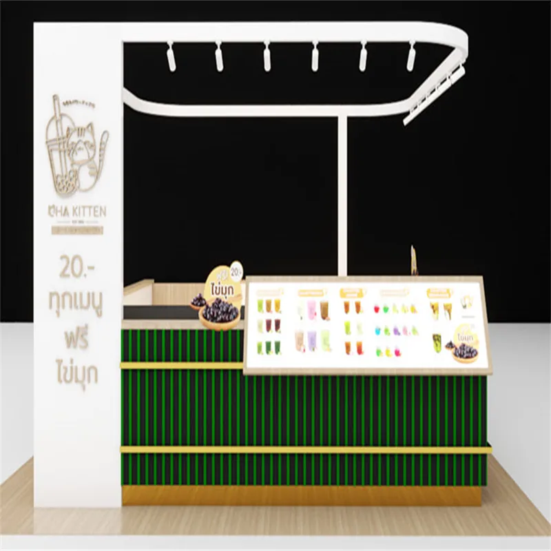 Dark green bubble tea kiosk with white top 12x12ft bar counter berverage showcase