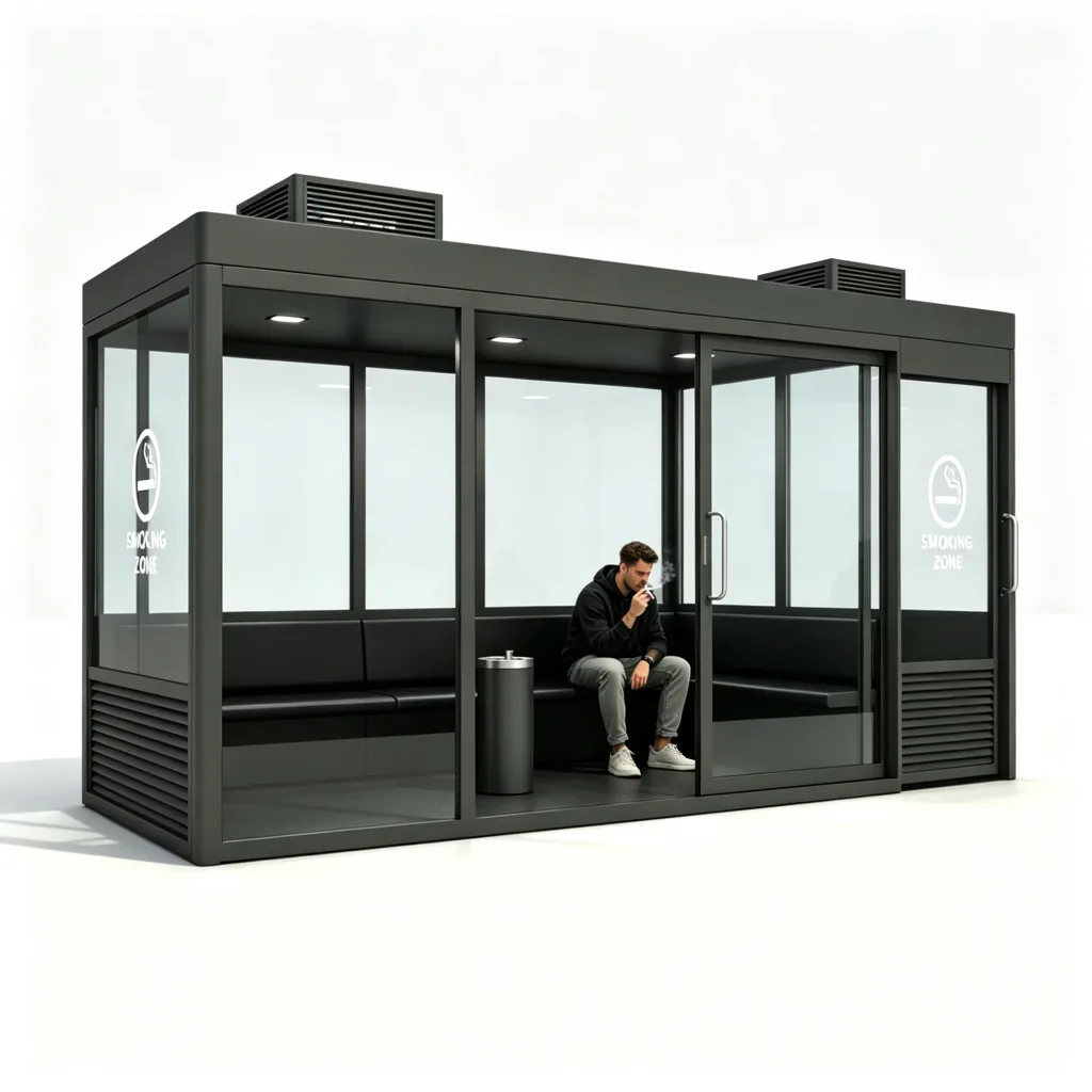 Dark Gray Steel Outdoor Smoking Cabin with Smoke Extraction System and Bench Seating 3600mm